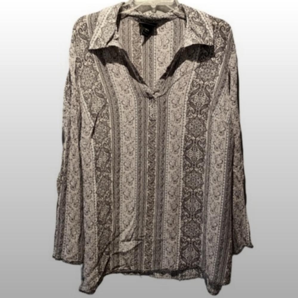 EUC LANE BRYANT Bohemian Silk Paisley Collared V-Neck Long-Sleeve Light Tunic